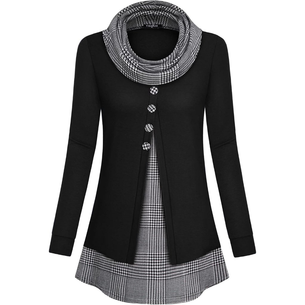 Women's Cowl Neck Long Sleeve Tunic Tops Button Casual Loose Shirts